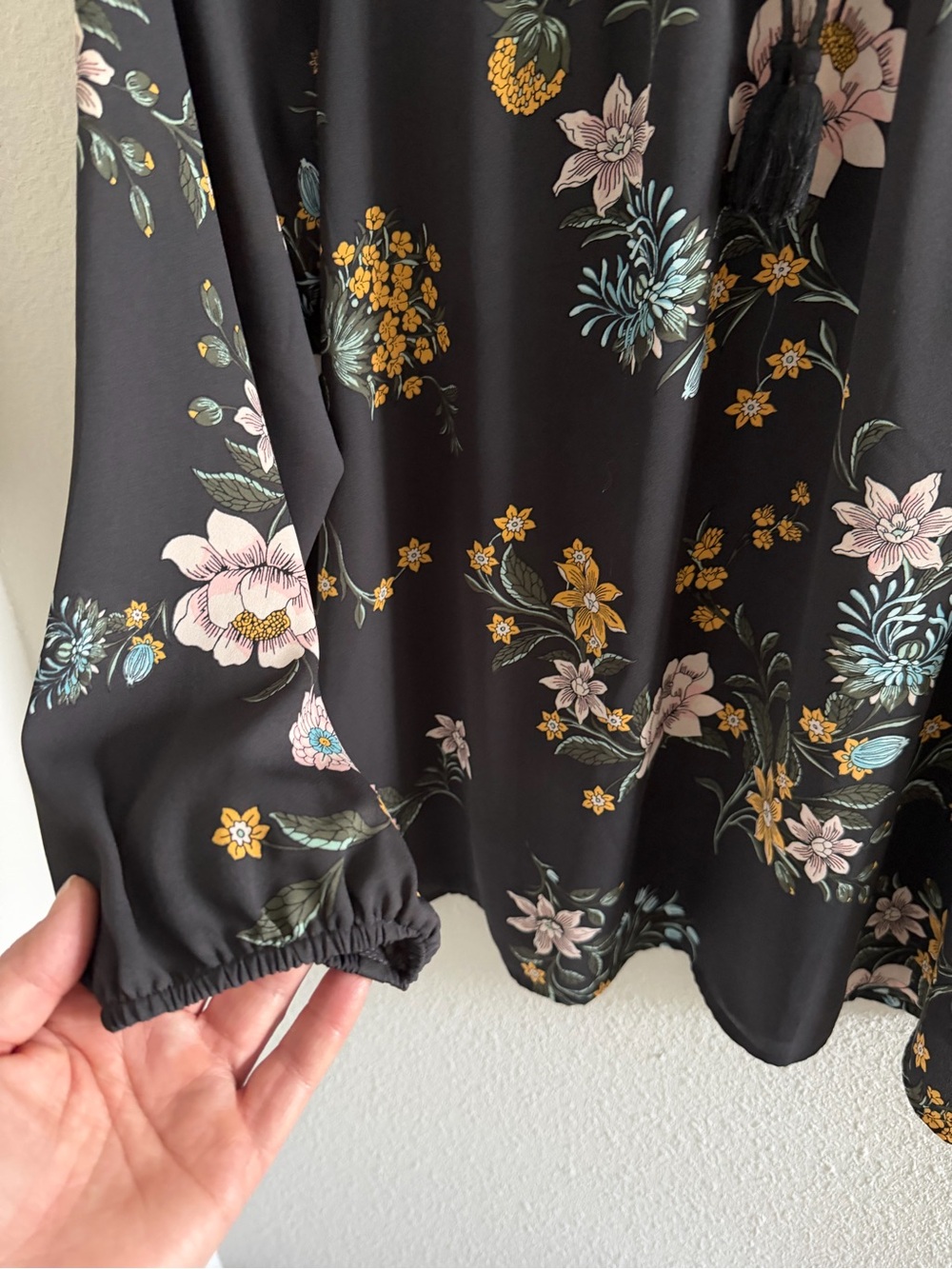 LOFT Black Floral Tie-Neck Blouse - Picture 3 of 9